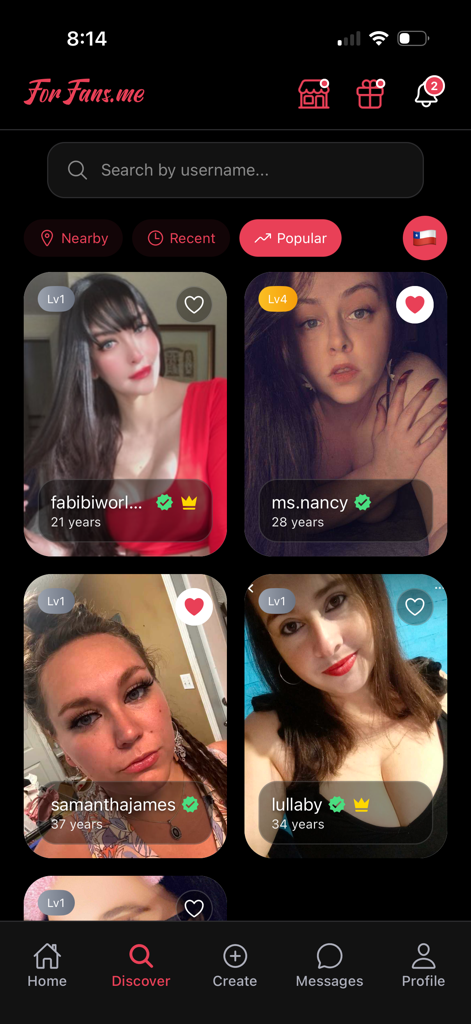 ForFans.me - Discover page of ForFans.me app featuring various female creator profiles with search and filter options