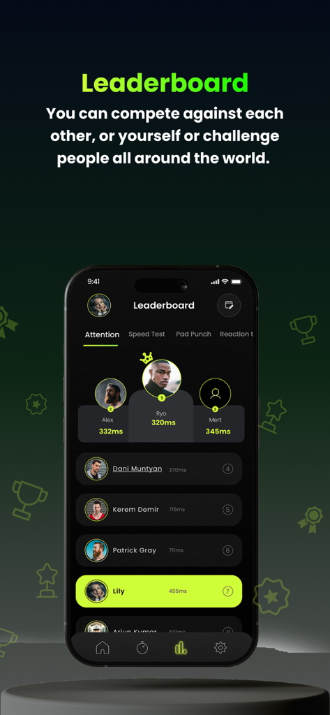 CatchPad - CatchPad app leaderboard showing user rankings for reaction time and speed training