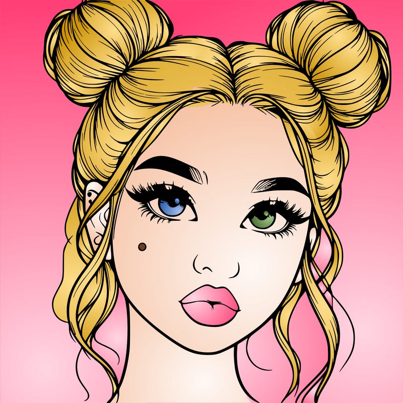 realistic girl with two buns on her hair and lips