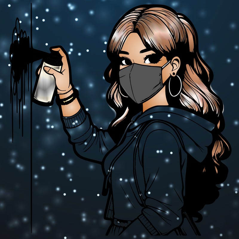 realistic girl with mask spray painting a wall