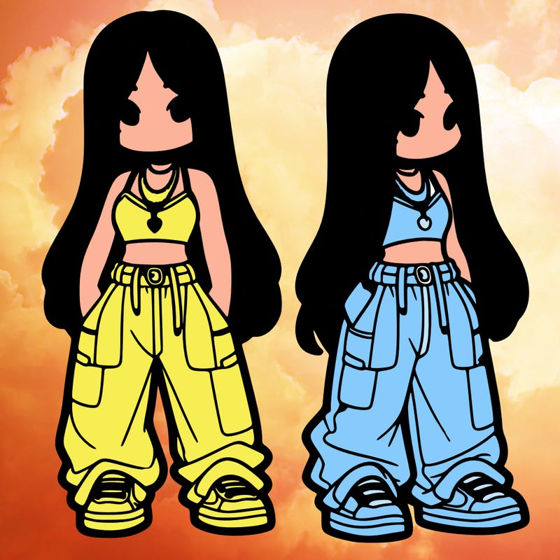 girl in baggy pants crop top and long hair