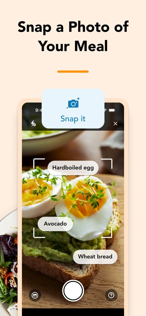 Lose It app Snap It feature identifying hardboiled egg avocado and wheat bread from a photo