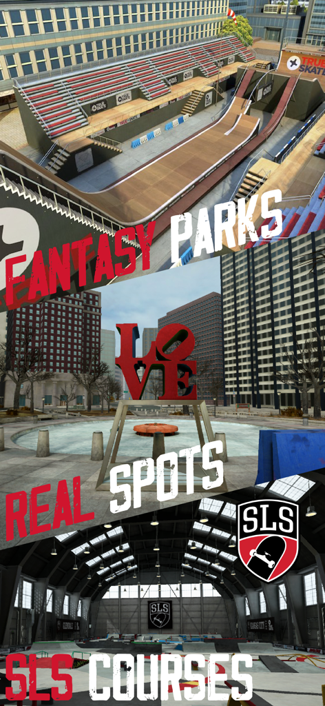 True Skate - Colagem de parques de fantasia do True Skate, locais do mundo real e pistas da SLS.