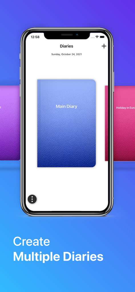A smartphone screen displaying the iDailyDiary app interface with various colored journal covers and text that reads Create Multiple Diaries.