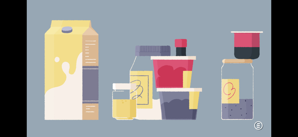 A Little to the Left - 牛乳パックや瓶などのキッチン容器を使った、ミニマリストな手描きの整理パズル。