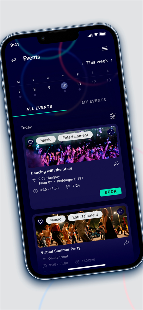 Convenie by ISS app screen displaying a calendar and workplace events like music and parties with booking options