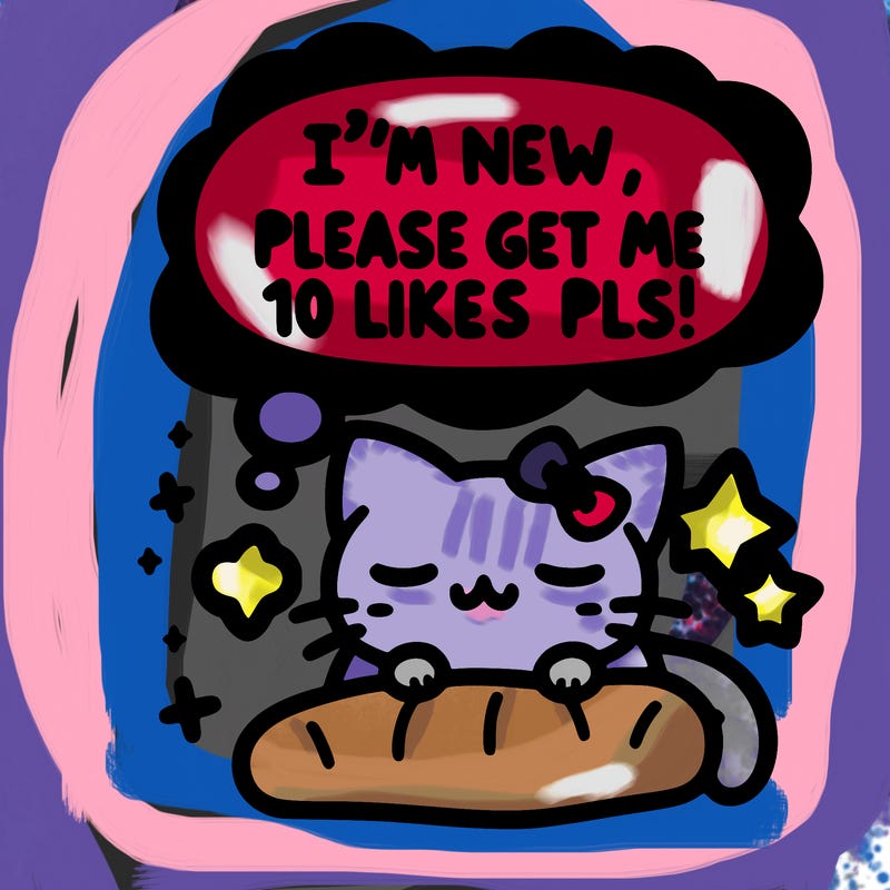 kitty taking a nap dream talking and saying "i'm new, please get me at least 10 likes pls!!"