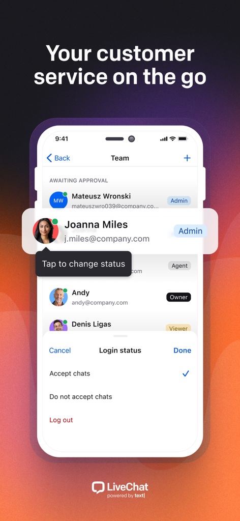 Mobile screen showing LiveChat team member list and status settings for accepting chats