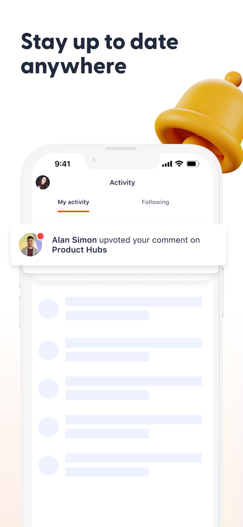 Product Hunt - Interfaz móvil de Product Hunt mostrando el feed de actividad con una notificación de voto de usuario y un ícono de campana amarilla