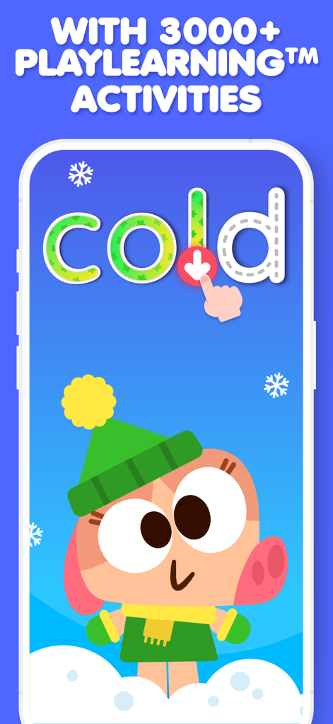 Lingokids - Play and Learn - 可愛いキャラクターと一緒に「cold」という単語をなぞっている、Lingokidsアプリの読み書きアクティビティ。