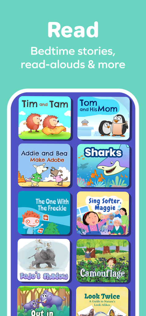 Una biblioteca de coloridos cuentos para dormir y libros para leer en voz alta para niños en la aplicación Splash Reading.