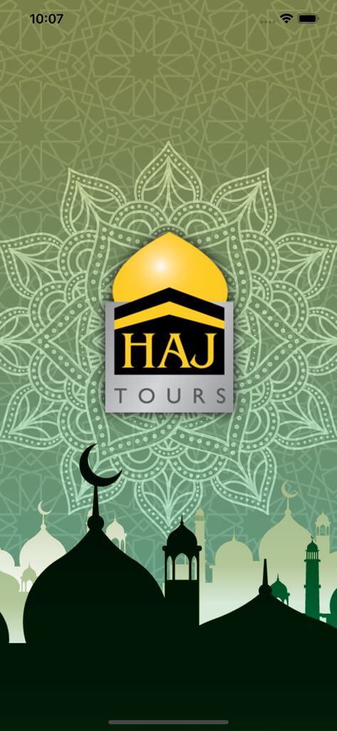 Haj Tours - Haj Tours mobile App Splashscreen mit dem Firmenlogo und einem islamischen geometrischen Hintergrund