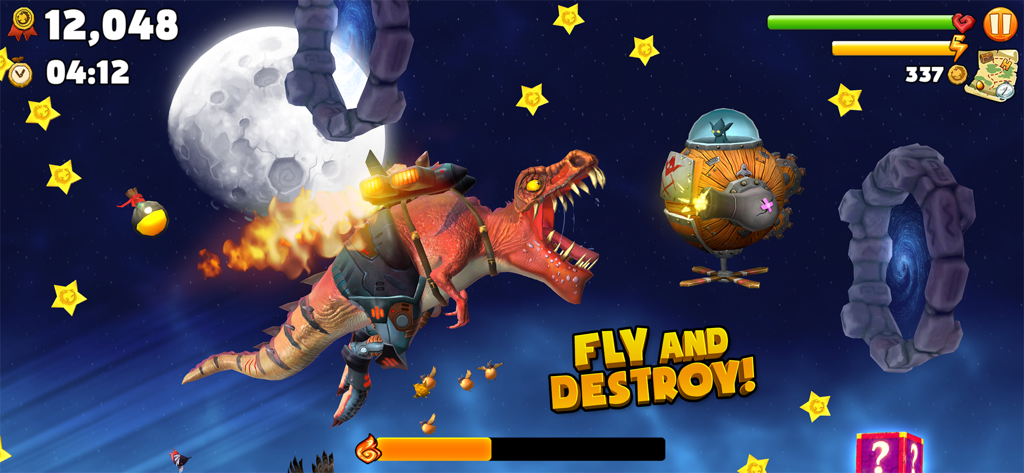 Hungry Dragon: by Hungry Shark - Dragón legendario rojo con propulsores volando en un entorno espacial cerca de un portal y la luna