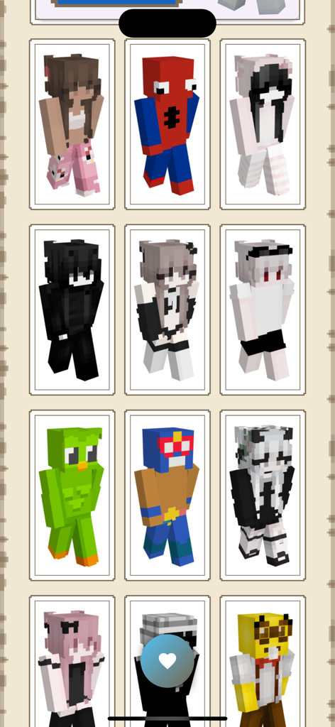 A collection of trendy and popular Minecraft skins in the Skin Hub app gallery