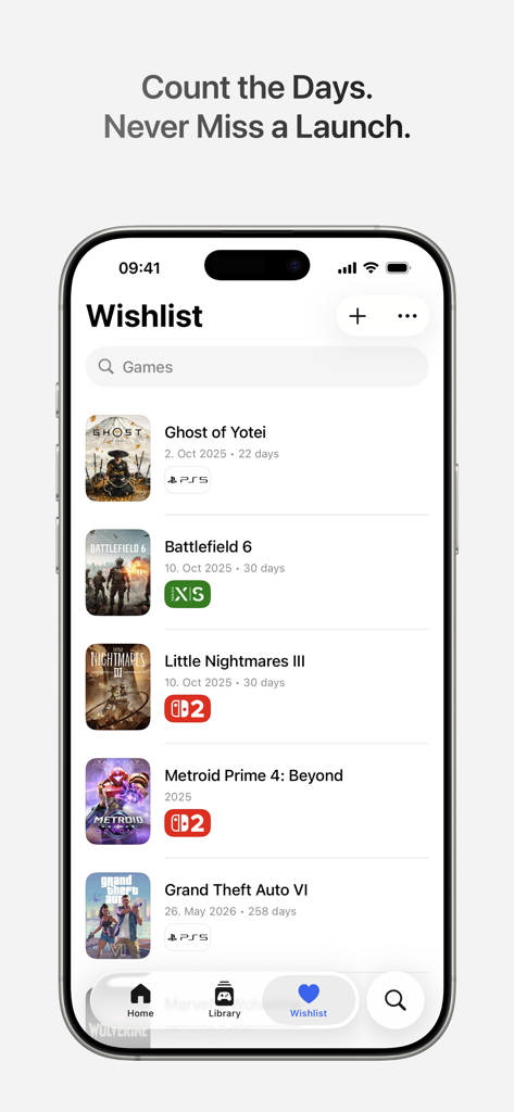 Gamery - Track Your Games - Interface de liste de souhaits de l'application Gamery montrant les jeux à venir et les dates de sortie