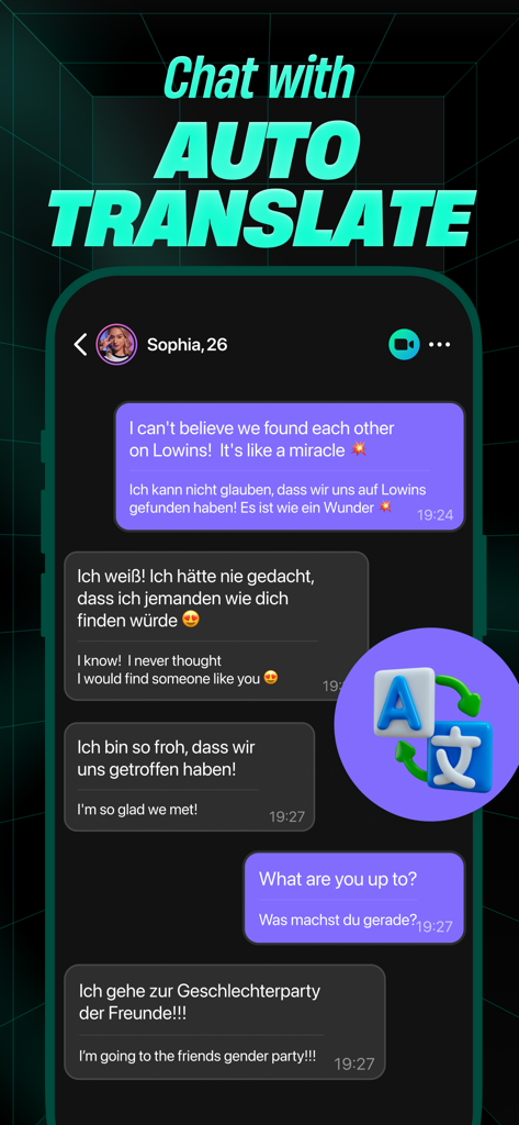 Lowins - Live Video Chat - Screenshot of Lowins app showing real-time chat translation between English and German users