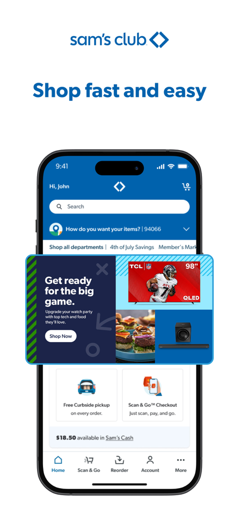 The Sam's Club app interface showing features like curbside pickup and scan and go checkout