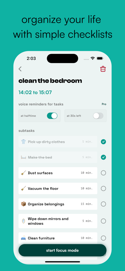 neurolist: AI Planner for ADHD - Interfaccia dell'app Neurolist che mostra una lista di controllo per la pulizia della camera da letto con sotto-compiti a tempo e un pulsante di modalità focus