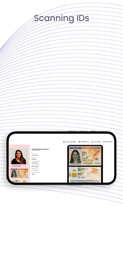Interfaz de la aplicación PassportScan Cloud mostrando un documento de identidad escaneado e información del perfil del huésped