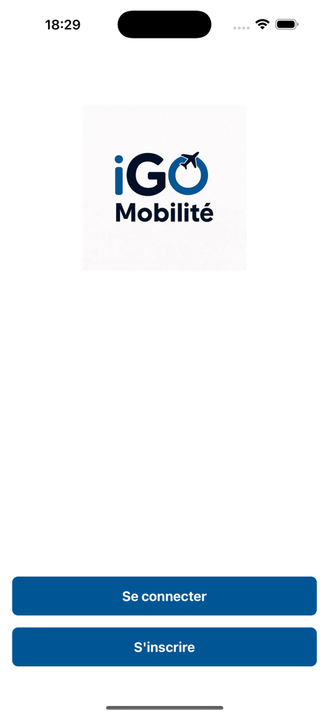 iGO Mobilite - Pantalla de inicio de sesión de la aplicación iGO Mobilite mostrando el logo y los botones de autenticación