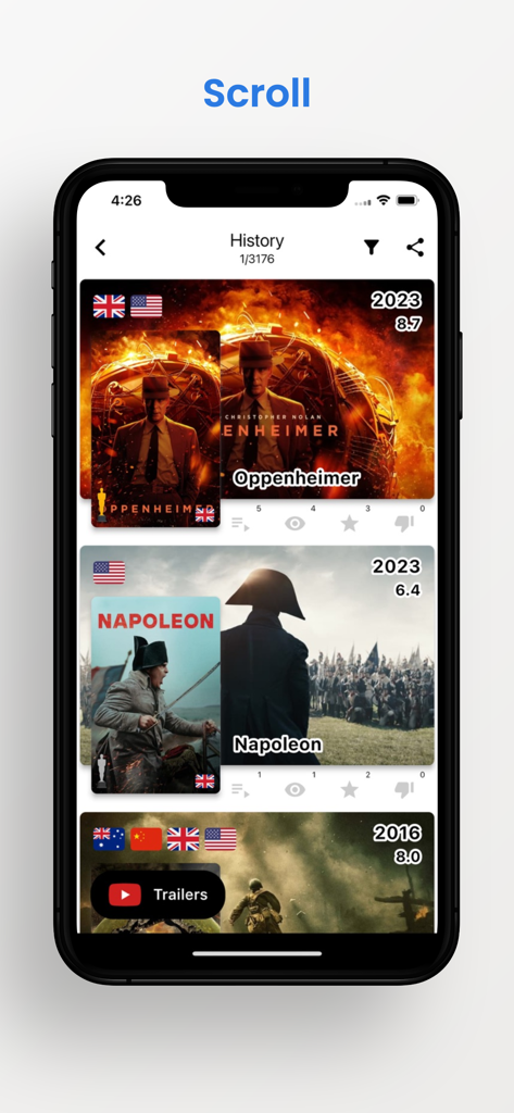 Mobile app interface showing a vertical scroll of movie titles and ratings in the history section
