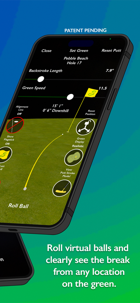 Slopegraide - Slopegraideアプリインターフェース。ARビジュアライゼーションとパッティングデータが表示された仮想ゴルフボールのロールシミュレーションが3Dグリーンに表示されています。