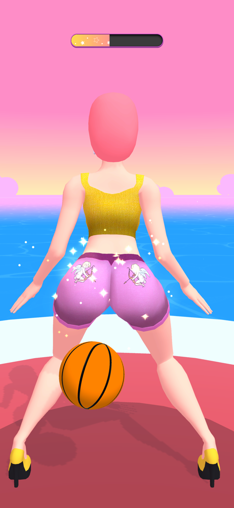 Twerk Master - A 3D character in the Twerk Master game dancing over a basketball in a beach setting