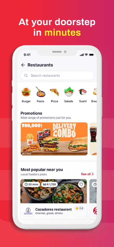 MANO food & products delivery - Pantalla de restaurantes de la aplicación MANO con categorías de alimentos y ofertas de entrega