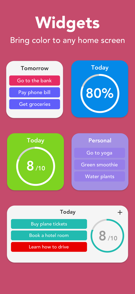 Una colección de widgets de iOS coloridos y minimalistas que muestran listas de tareas y el progreso de finalización diario.