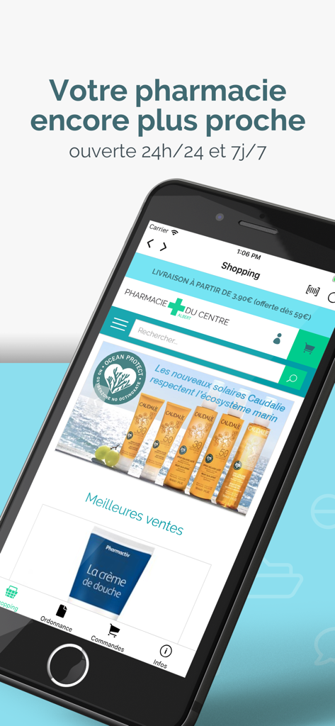 Pharmacie du Centre Albert - Écran de smartphone affichant l'application mobile de la Pharmacie du Centre Albert avec des options d'achat de produits de santé et de beauté