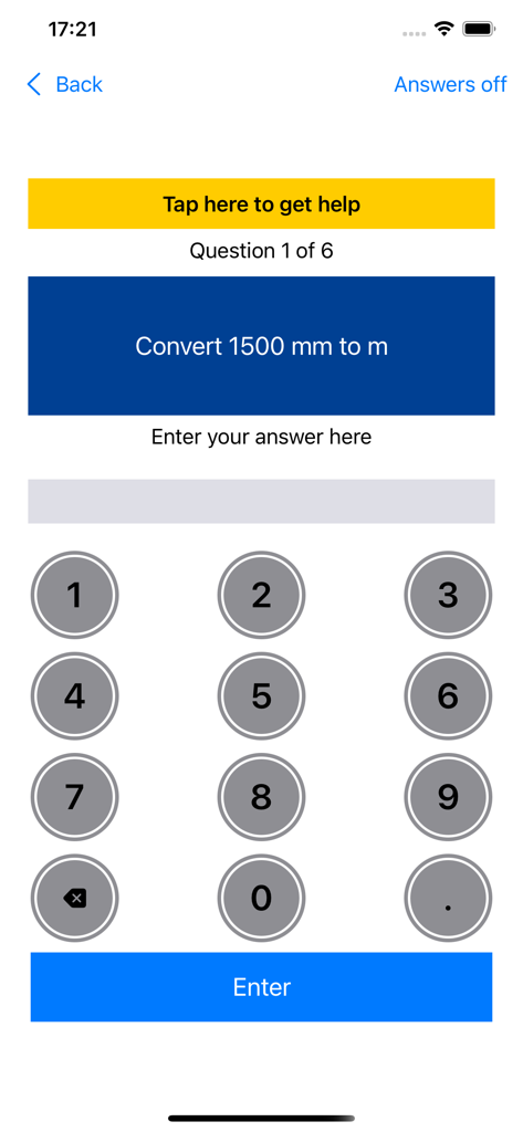 GCSE Equations Physics - A physics app screen asking to convert 1500 millimeters to meters with a number pad