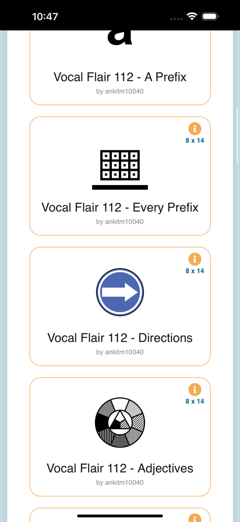 CoughDrop Pro - A list of Vocal Flair 112 communication boards within the CoughDrop Pro app showing categories like prefixes directions and adjectives.