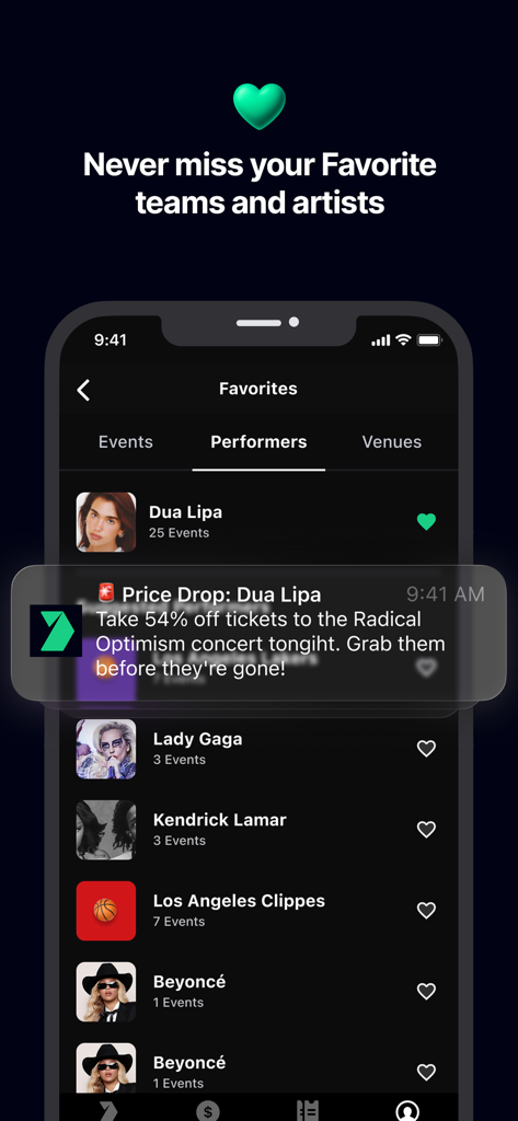 Gametime app screen showing favorite performers and a push notification for a last minute price drop on concert tickets