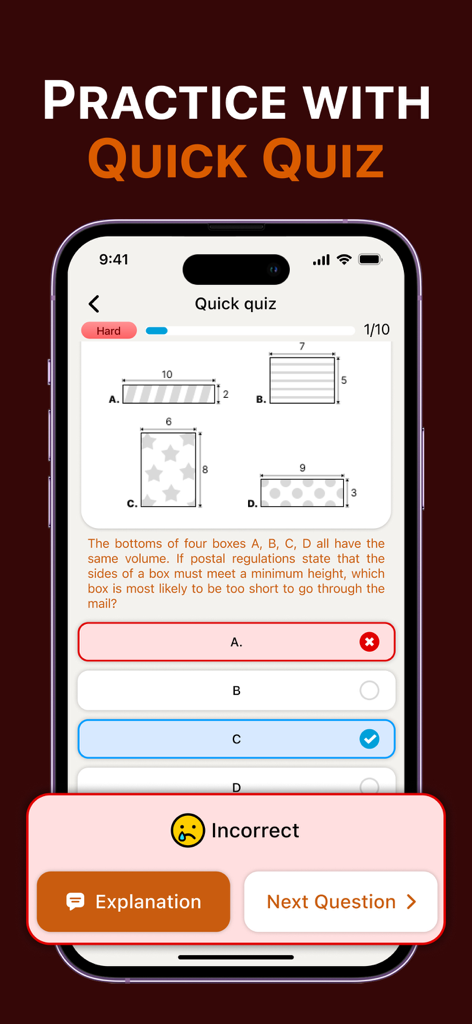 ASVAB Challenge - ASVAB Challenge app quick quiz screen showing a math question with incorrect answer feedback.