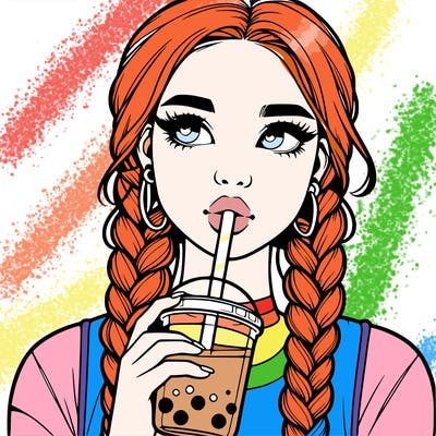 realistic girl with braided hair drinking boba