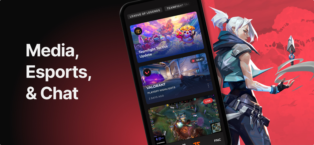 Riot Mobile - Riot Mobile app interface showing media esports updates and social chat features