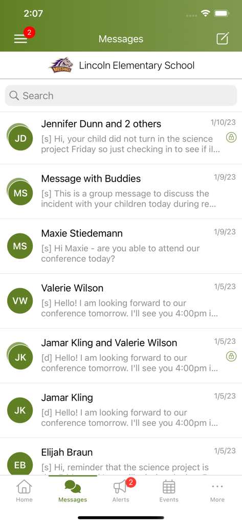 ParentSquare - ParentSquare app messages screen showing a list of direct and group chats with school teachers and staff.