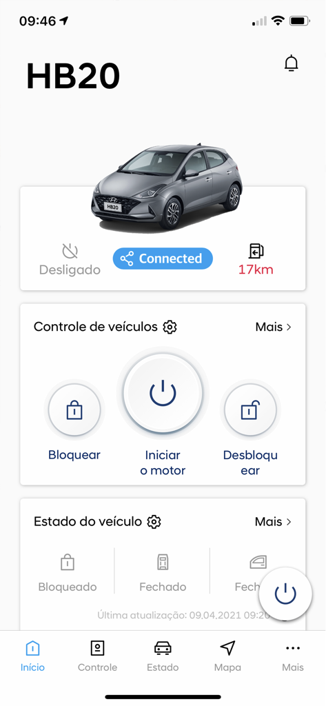 Hyundai Bluelink - Dashboard dell'app Hyundai Bluelink che mostra i controlli remoti per l'avviamento del motore e lo stato del veicolo per un modello HB20.