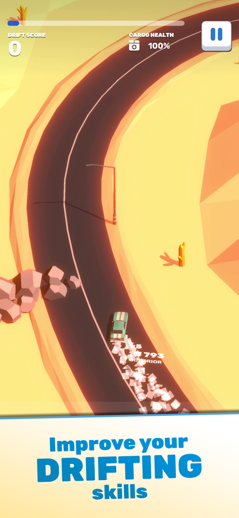 Tofu Drifter - 「ドリフトスキルを向上させる」というテキストとともに、曲がりくねった砂漠の道で車がドリフトしている豆腐ドリフターのゲームプレイ画面