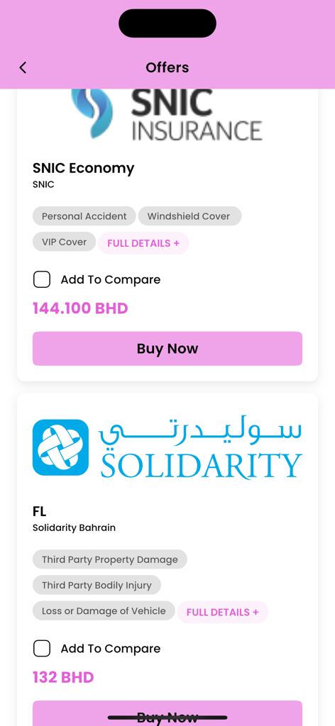 Amen Insurance - Amen Insurance app screen displaying multiple motor insurance offers from companies like SNIC and Solidarity with pricing in BHD and comparison options.