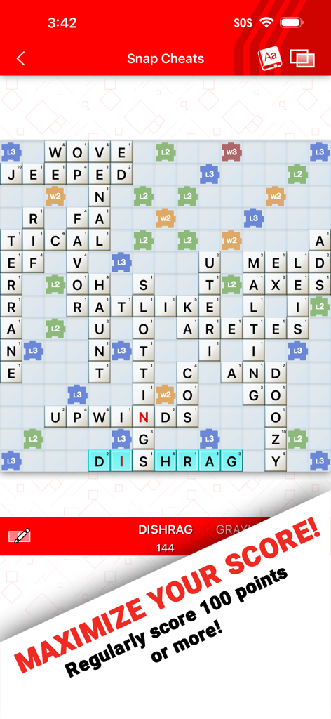 Snap Cheats for Wordfeud Cheat - Snap Cheats for Wordfeud app interface showing a 144 point word suggestion on a game board