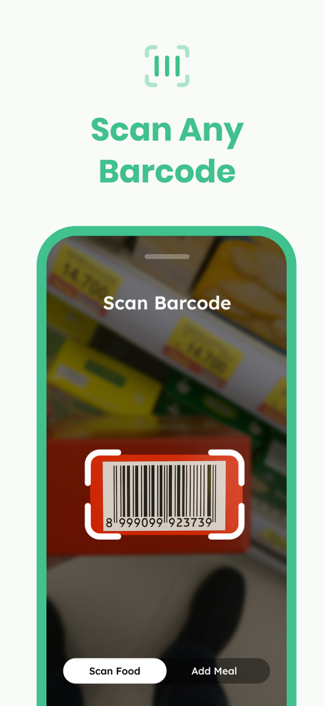 Processed app interface showing the barcode scanner feature on a mobile phone to identify ultra-processed foods while grocery shopping.