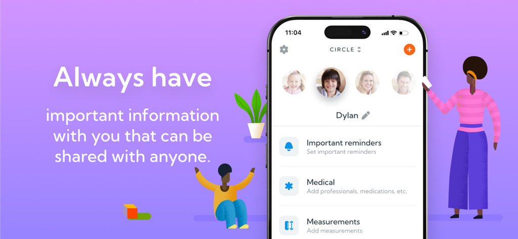 AppClose - Une interface mobile pour AppClose montrant les profils d'enfants et les catégories pour les informations médicales et les rappels