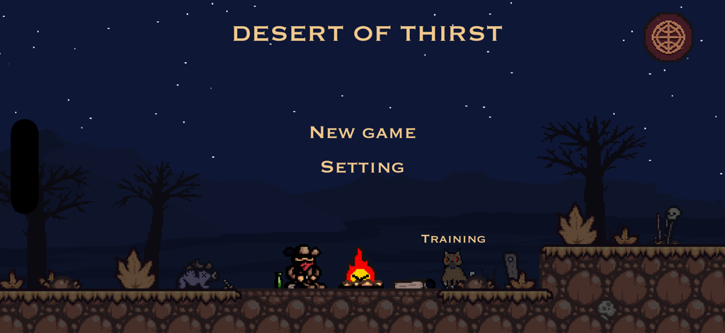 Desert of Thirst - Desert of Thirst main menu screen with pixel art character sitting by a campfire at night