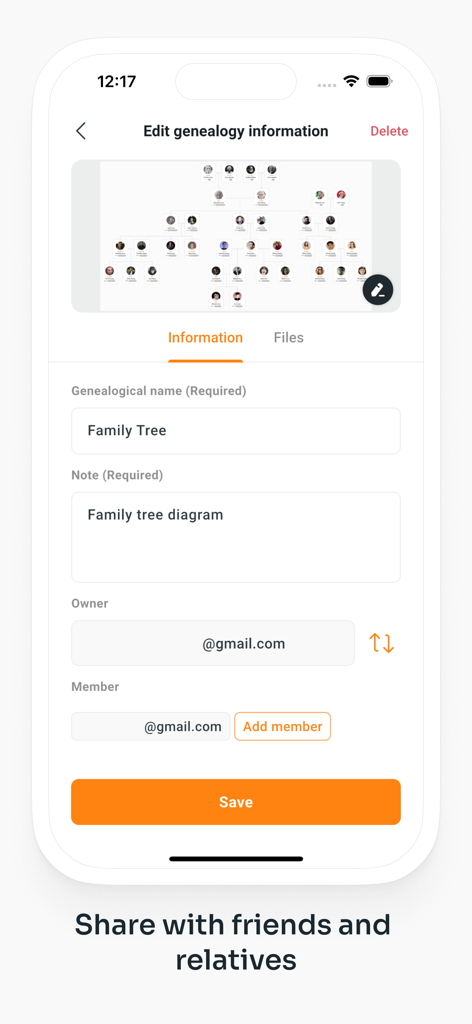 Una interfaz de aplicación móvil para editar detalles de genealogía y compartir árboles genealógicos con amigos y familiares.