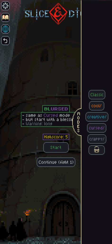 Slice & Dice - Screenshot des Bildschirms zur Auswahl der Spielmodi im Slice and Dice taktischen Roguelike