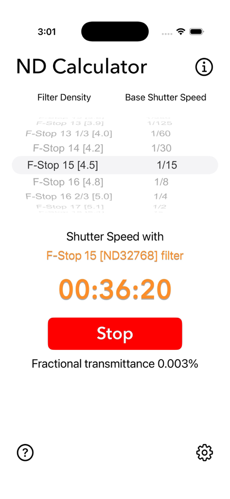 Neutral Density Calculator - A interface da aplicação Calculadora de Densidade Neutra mostrando um tempo de exposição calculado e um temporizador regressivo ativo para um filtro de quinze stops.