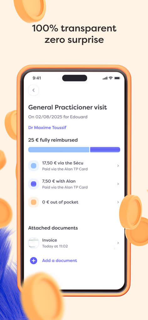 Alan Health Insurance app screen showing transparent medical reimbursement details for a doctor visit.