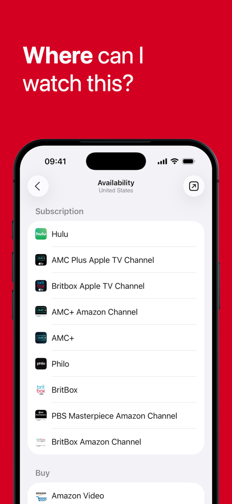 Showdown - TV & Movie Tracker - A mobile screenshot showing a list of streaming services like Hulu and AMC Plus under the heading Where can I watch this