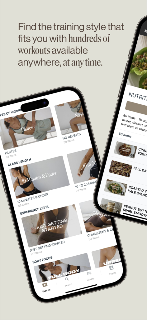 FORM app interface displaying workout categories by class length and experience level alongside a nutrition section with healthy recipes